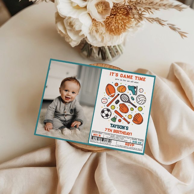 Invitation Fête d'anniversaire 7 ans All-Star de jeu de sport (Sports Game Time All-Star Birthday | Kids Sport photo invite)