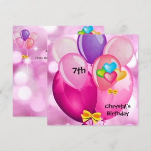 Invitation Fête d'anniversaire 7 ans Ballons Rose Jaune Bleu 