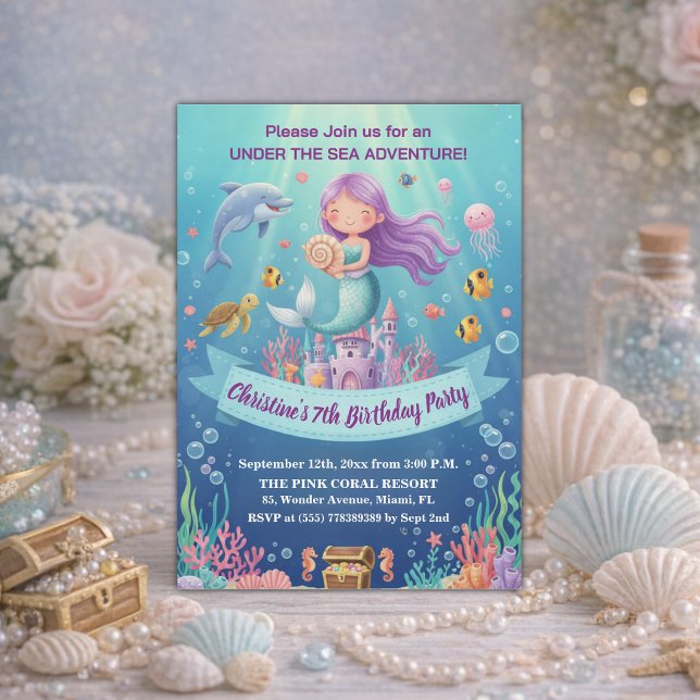 Invitation Fête d'anniversaire 7 ans de la Sirène sous la Mer (Créateur téléchargé)