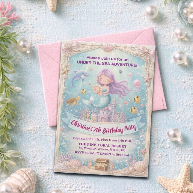 Invitation Fête d'anniversaire 7 ans de la Sirène Violet sous (Créateur téléchargé)