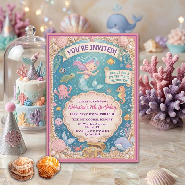 Invitation Fête d'anniversaire 7 ans de sirène sous la mer am (Créateur téléchargé)