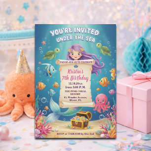 Invitation Fête d'anniversaire 7 ans de sirène sous la mer ro