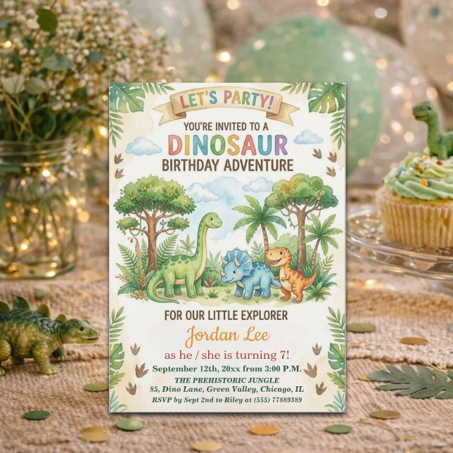 Invitation Fête d'anniversaire 7 ans Dinosaures Aquarelle Jun (Créateur téléchargé)
