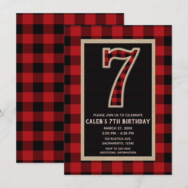 Invitation Fête d'anniversaire 7 ans Plaid Buffalo Rouge Noir (Devant / Derrière)