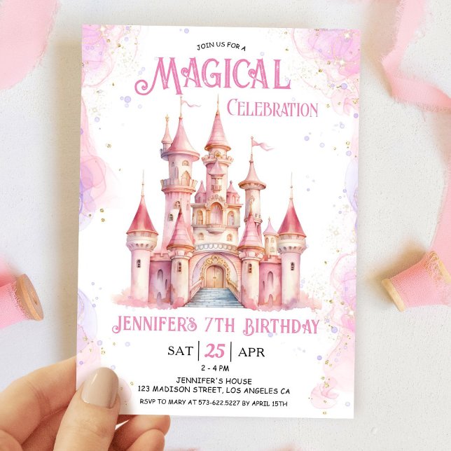 Invitation Fête d'anniversaire 7 ans Princesse Château Rose F (Créateur téléchargé)