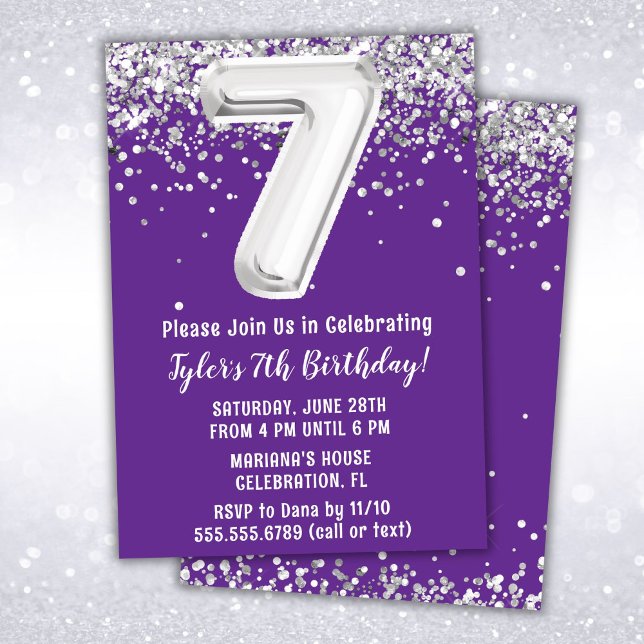 Invitation Fête d'anniversaire 7 ans Purple Silver (Créateur téléchargé)