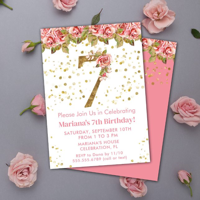 Invitation Fête d'anniversaire 7 ans Roses roses (Créateur téléchargé)