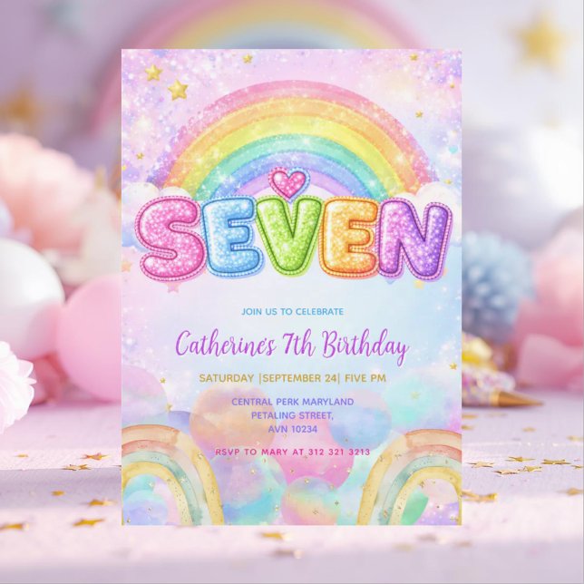 Invitation Fête d'anniversaire 7 ans Sparkle Rainbow (Créateur téléchargé)