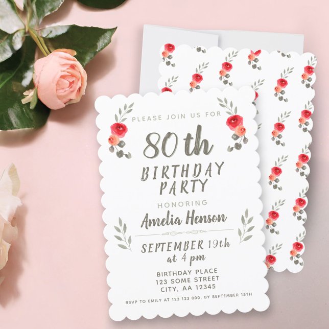 Invitation Fête d'anniversaire 80 ans aquarelle rose branche  (Créateur téléchargé)