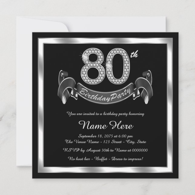 Invitation Fête d'anniversaire 80 ans argent (Devant)