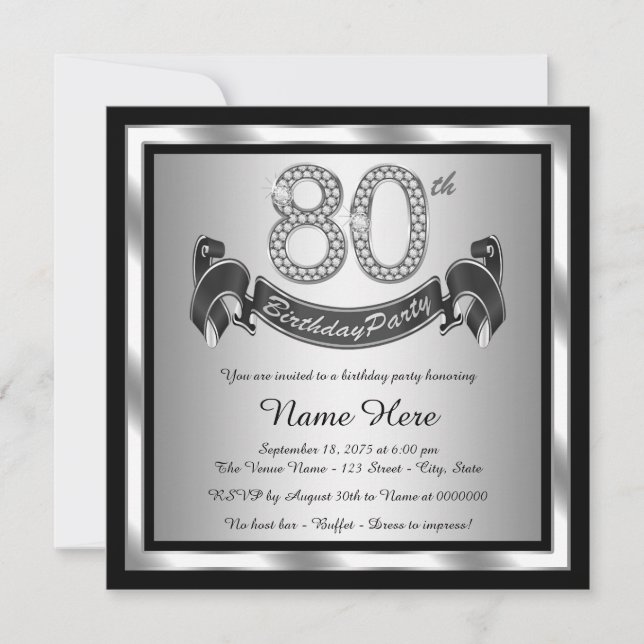 Invitation Fête d'anniversaire 80 ans argent (Devant)