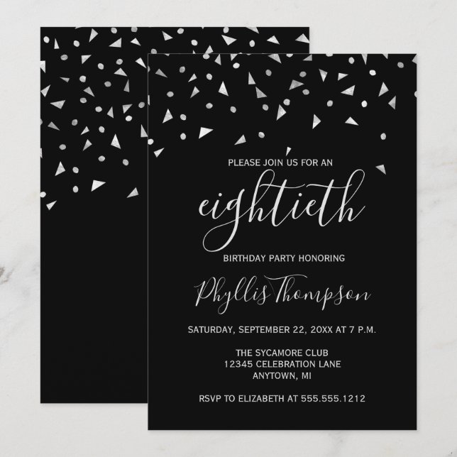 Invitation Fête d'anniversaire 80 ans avec confettis argentés (Devant / Derrière)
