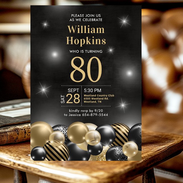 Invitation Fête d'anniversaire 80 ans Ballons Or Noir  (Créateur téléchargé)