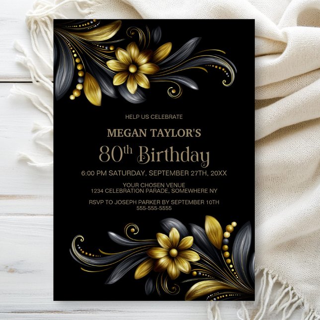 Invitation Fête d'anniversaire 80 ans Black Gold Floral (Créateur téléchargé)