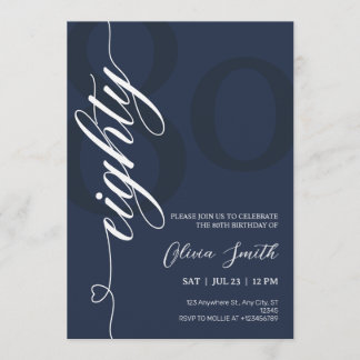 Invitation Fête d'anniversaire 80 ans Bleu Nuit et Blanc Mode