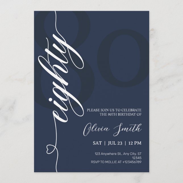 Invitation Fête d'anniversaire 80 ans Bleu Nuit et Blanc Mode (Devant)