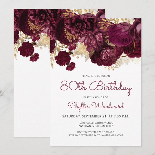 Invitation Fête d'anniversaire 80 ans Burgundy Gold Floral (Devant / Derrière)