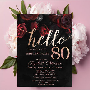 Invitation Fête d'anniversaire 80 ans Chic Roses Rouges Noire