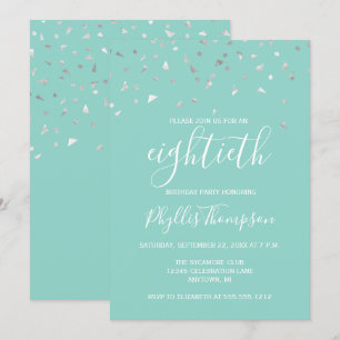Invitation Fête d'anniversaire 80 ans confettis vert menthe e