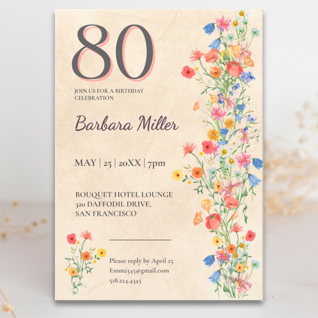 Invitation Fête d'anniversaire 80 ans Elegant Wildflower (Créateur téléchargé)