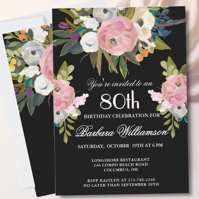 Invitation *Fête d'anniversaire 80 ans élégante avec fleurs p (Créateur téléchargé)