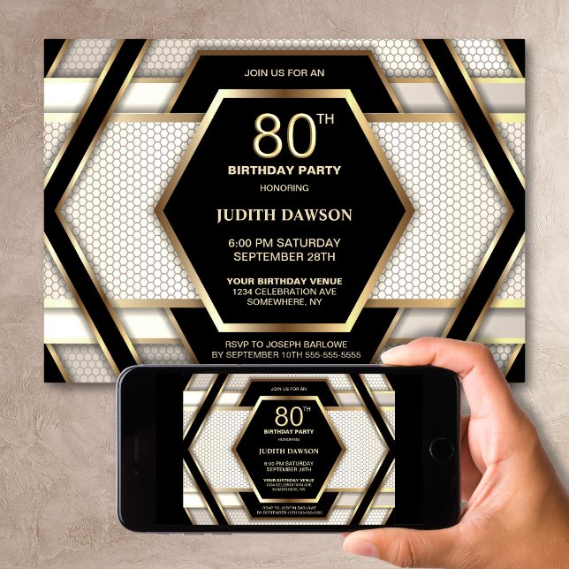 Invitation Fête d'anniversaire 80 ans élégante noire et or (Créateur téléchargé)