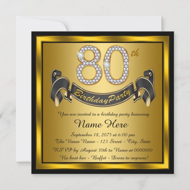 Invitation Fête d'anniversaire 80 ans en or (Devant)