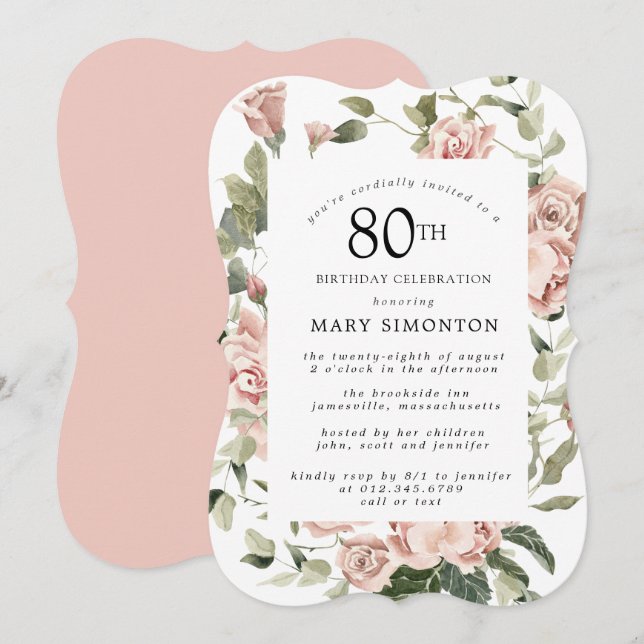 Invitation Fête d'anniversaire 80 ans Fleur de Rose Rose Pous (Devant / Derrière)