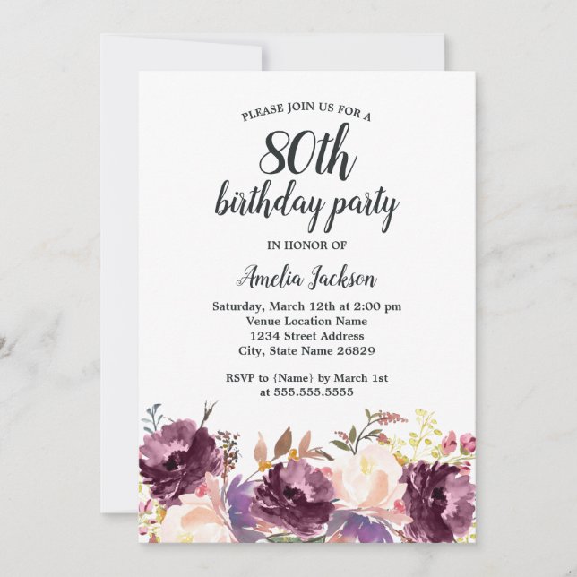 Invitation Fête d'anniversaire 80 ans Fleurie Aquarelle Viole (Devant)