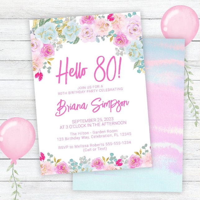 Invitation Fête d'anniversaire 80 ans Fleurs Rose Bleu Pêche  (Créateur téléchargé)