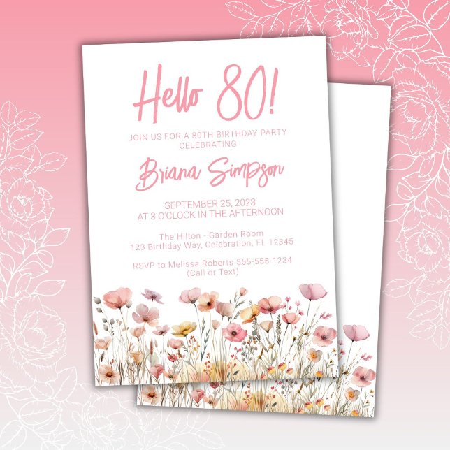 Invitation Fête d'anniversaire 80 ans fleurs roses (Créateur téléchargé)