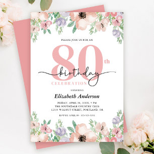 Invitation Fête d'anniversaire 80 ans Floral Pastel Élégant