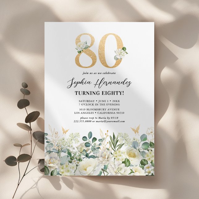 Invitation Fête d'anniversaire 80 ans Floral Vert & Blanc (Créateur téléchargé)