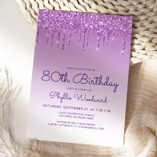 Invitation Fête d'anniversaire 80 ans Glitter Drip Violet