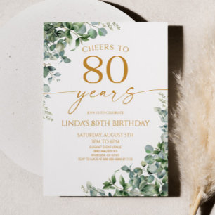 Invitation Fête d'anniversaire 80 ans Green Eucalyptus Gold