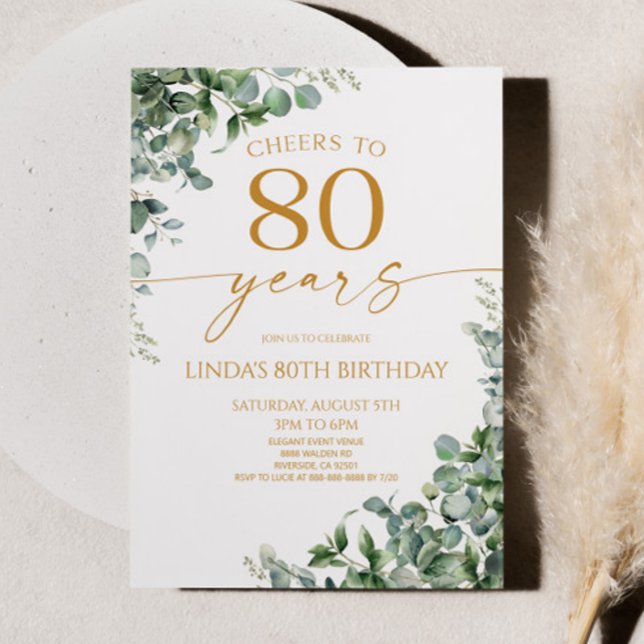 Invitation Fête d'anniversaire 80 ans Green Eucalyptus Gold (Créateur téléchargé)