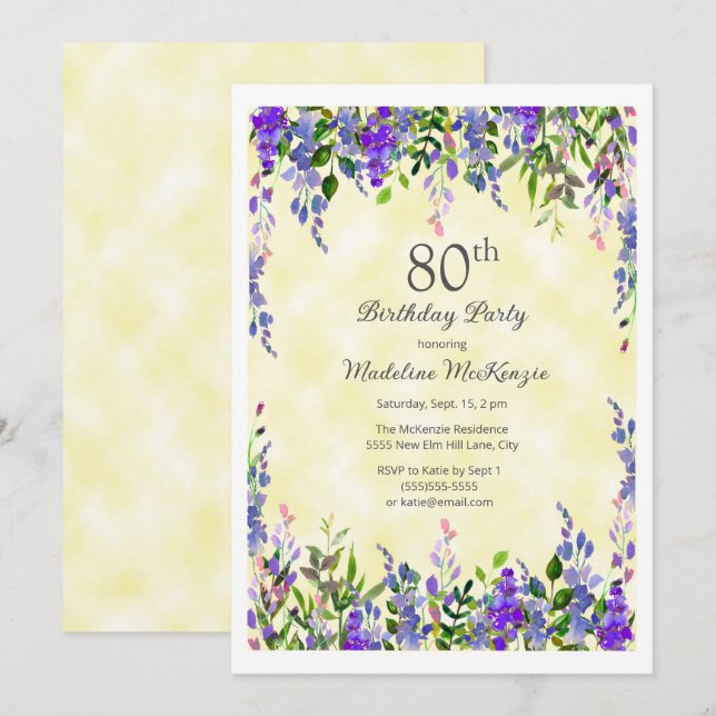 Invitation Fête d'anniversaire 80 ans Lavande Floral Jaune  (Devant / Derrière)