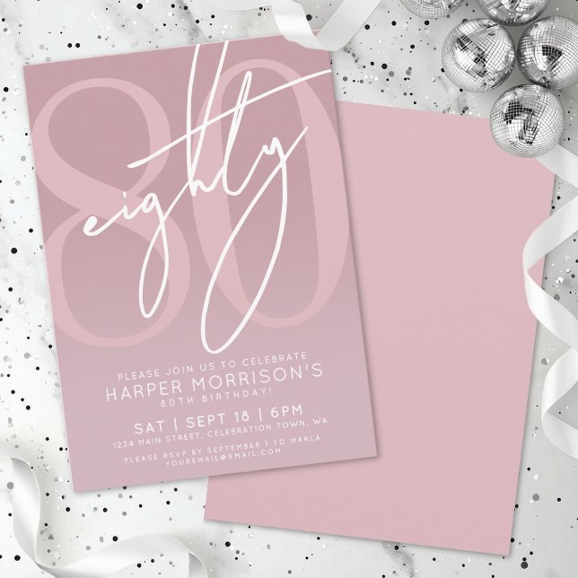 Invitation Fête d'anniversaire 80 ans Mauve Rose (Mauve Pink 80th Birthday Party Invitation)