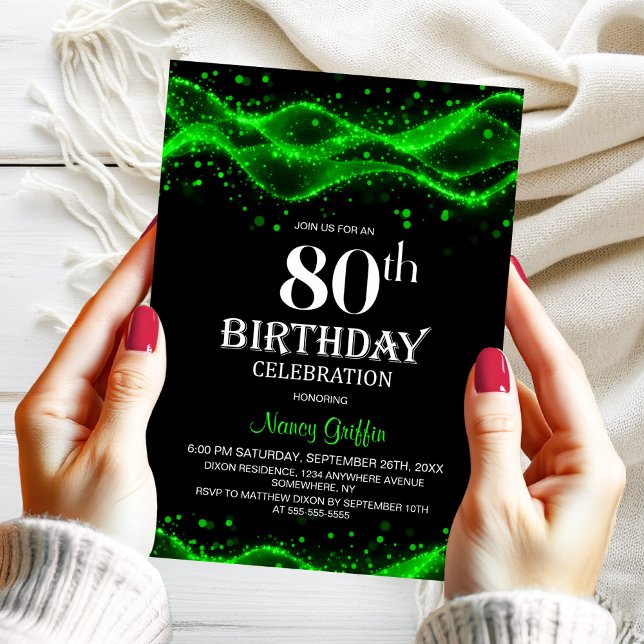 Invitation Fête d'anniversaire 80 ans moderne noire et verte (Créateur téléchargé)