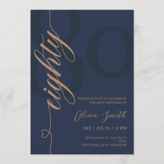 Invitation Fête d'anniversaire 80 ans Navy Blue & Or Moderne