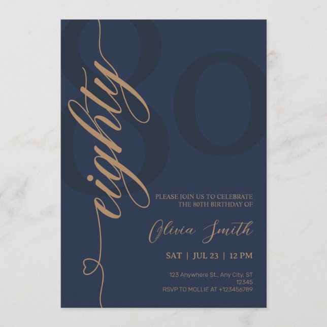 Invitation Fête d'anniversaire 80 ans Navy Blue & Or Moderne (Devant)