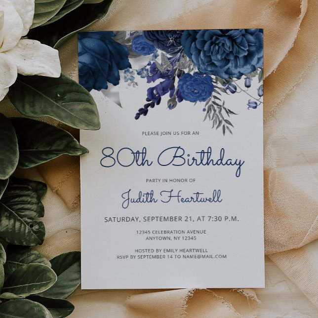 Invitation Fête d'anniversaire 80 ans Navy Blue Silver Floral (Créateur téléchargé)