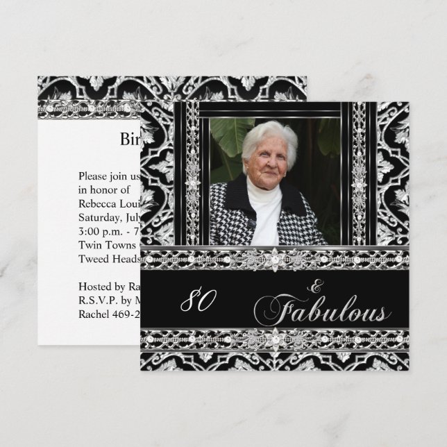 Invitation Fête d'anniversaire 80 ans noir blanc damas diaman (Devant / Derrière)