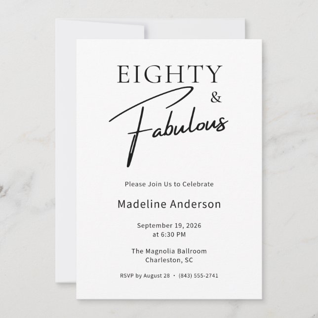 Invitation Fête d'anniversaire 80 ans noir blanc Eighty & Fab (Devant)