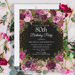 Invitation Fête d'anniversaire 80 ans Noir Paillettes Floral
