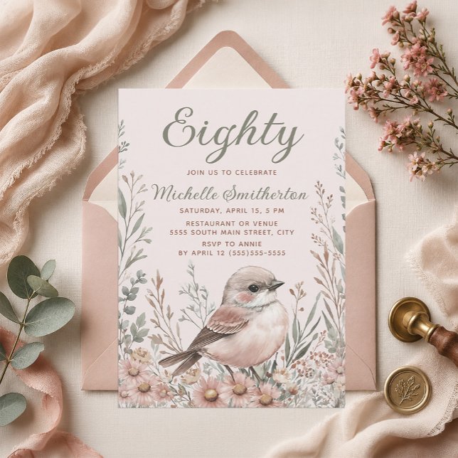 Invitation Fête d'anniversaire 80 ans oiseau neutre brun vert (80th birthday party invitation)