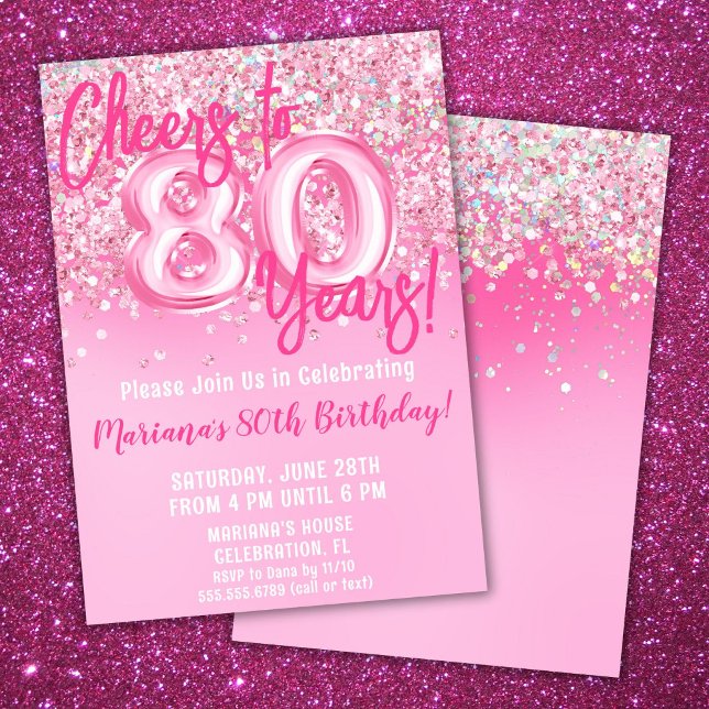 Invitation Fête d'anniversaire 80 ans paillettes roses (Créateur téléchargé)