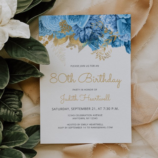Invitation Fête d'anniversaire 80 ans Pastel Blue Floral (Créateur téléchargé)