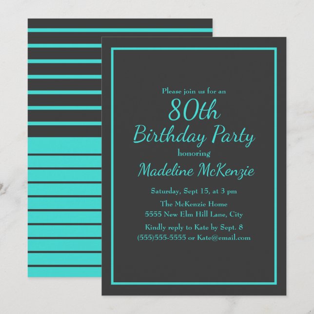 Invitation Fête d'anniversaire 80 ans rayée de turquoise noir (Devant / Derrière)