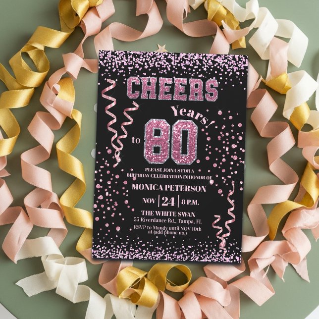Invitation Fête d'anniversaire 80 ans Strass Rose Pailletés  (Créateur téléchargé)